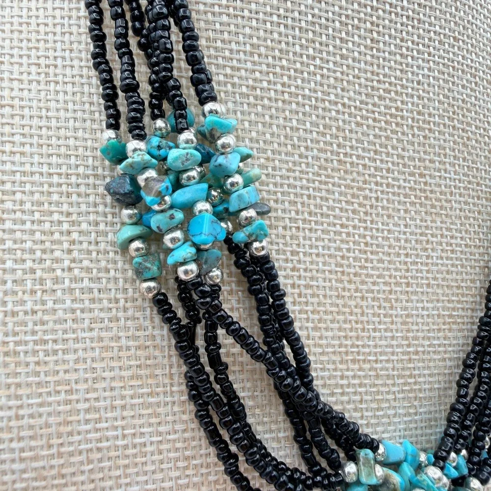 Vintage 90s Multi Strand Turquoise Black Glass Seed Bead Statement Necklace Boho